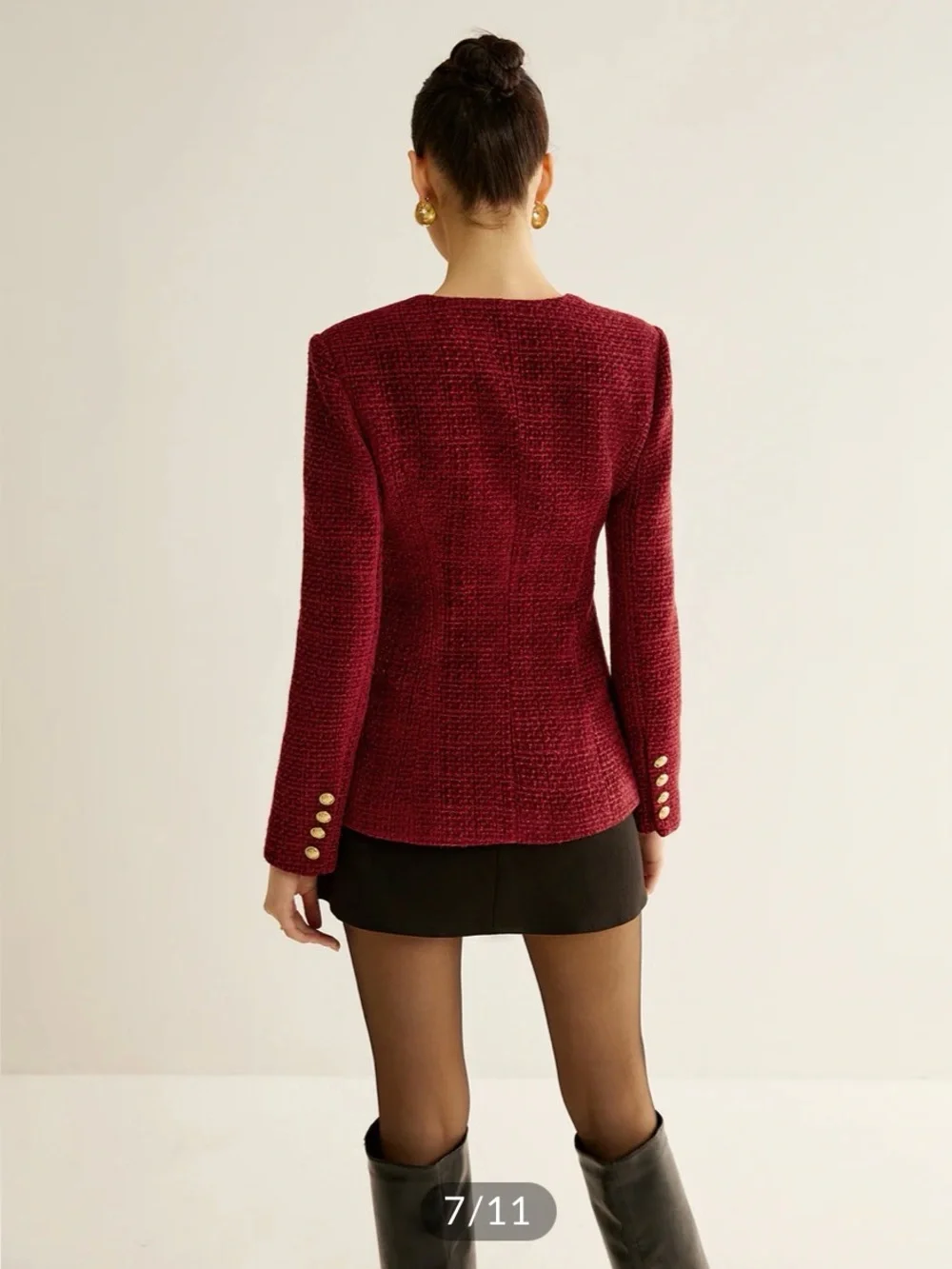 Commense Burgundy Button Down Slit Tweed Blazer - Picture 4 of 11